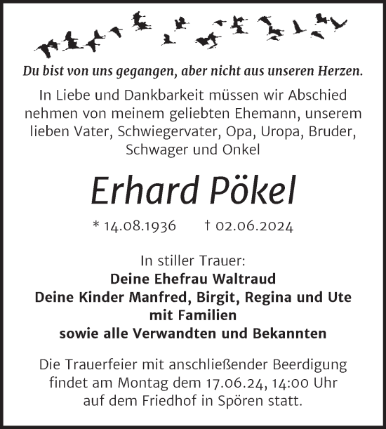 Traueranzeige von Erhard Pökel von Trauerkombi Bitterfeld
