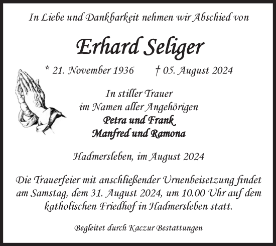 Traueranzeige von Erhard Seliger von Volksstimme Oschersleben/Wanzleben