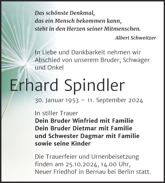 Traueranzeige von Erhard Spindler von Super Sonntag Naumburg/Nebra