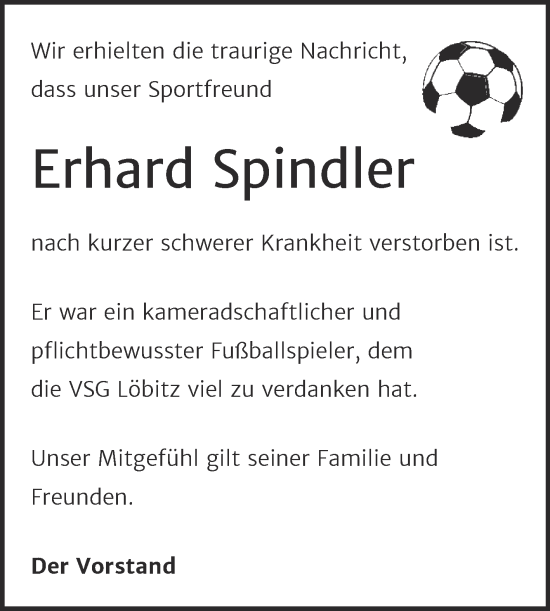 Traueranzeige von Erhard Spindler von Naumburger Tageblatt