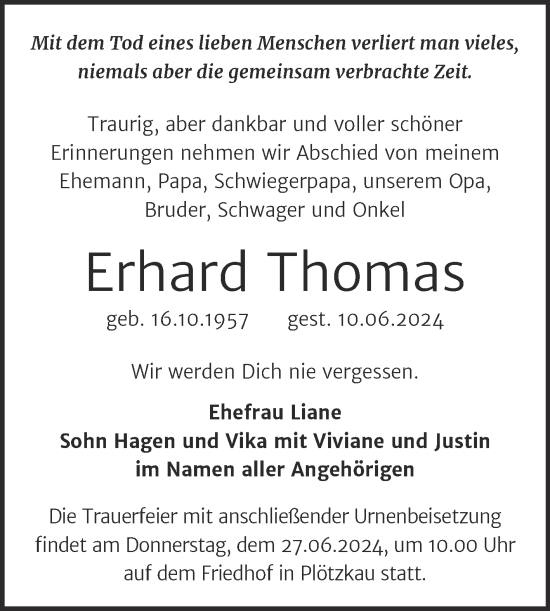 Traueranzeige von Erhard Thomas von Trauerkombi Bernburg
