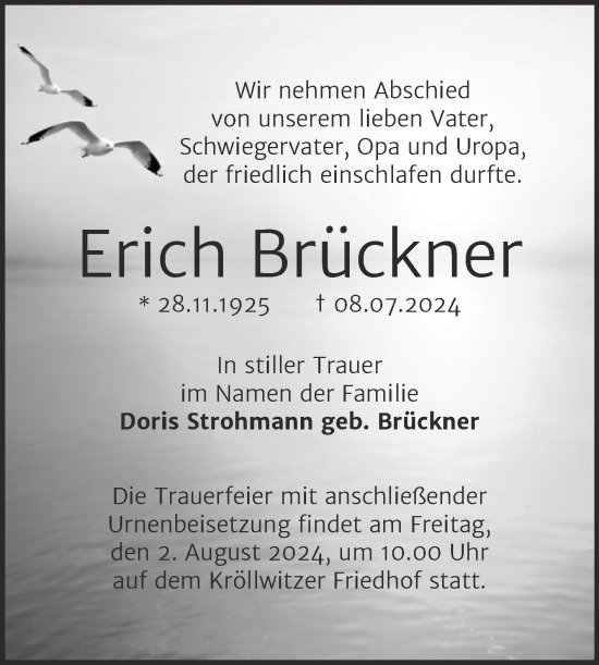 Traueranzeige von Erich Brückner von Mitteldeutsche Zeitung Halle/Saalkreis
