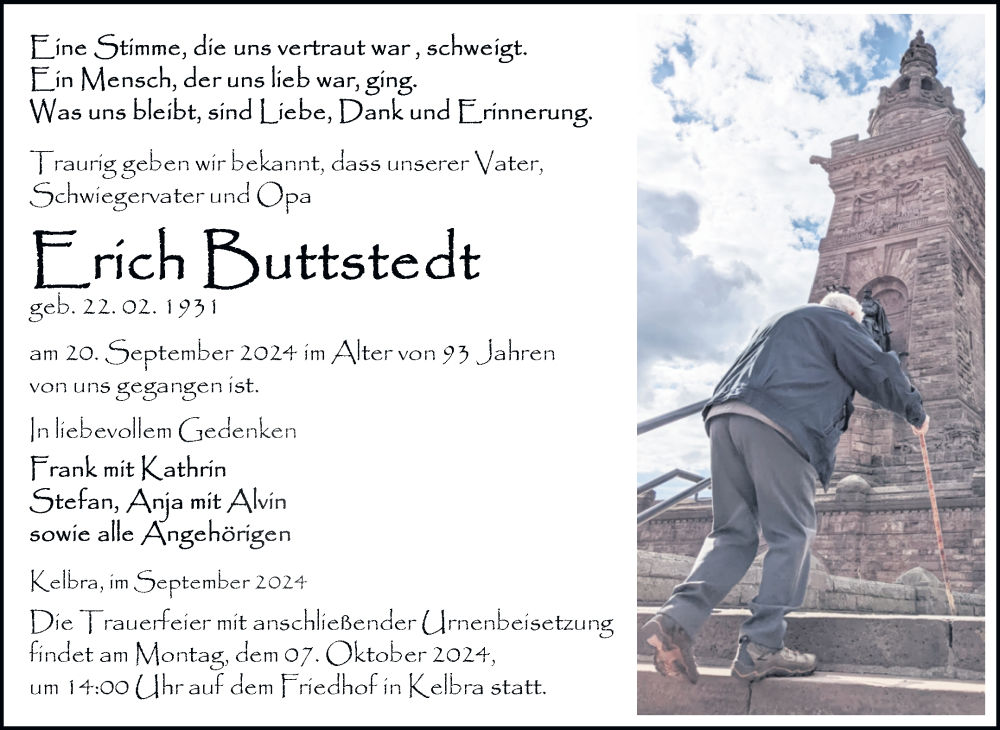  Traueranzeige für Erich Buttstedt vom 28.09.2024 aus Trauerkombi Sangerhausen