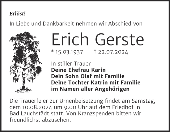 Traueranzeige von Erich Gerste von Trauerkombi Merseburg