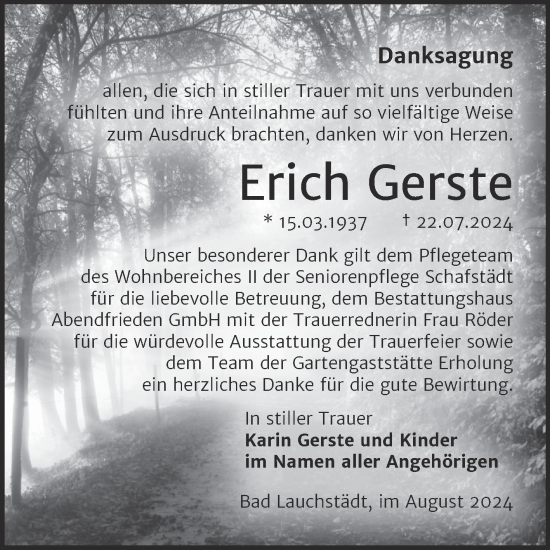 Traueranzeige von Erich Gerste von Trauerkombi Merseburg