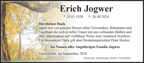 Traueranzeige von Erich Jogwer von Volksstimme Wernigerode