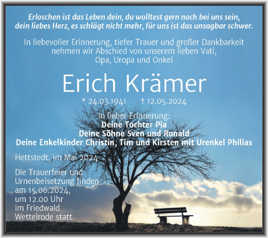 Traueranzeige von Erich Krämer von Trauerkombi Mansfelder Land