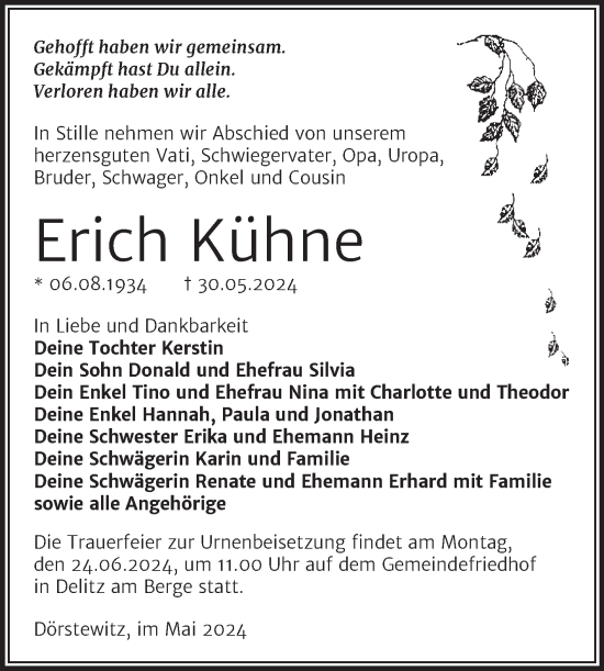 Traueranzeige von Erich Kühne von Trauerkombi Merseburg