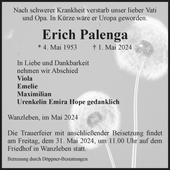 Traueranzeige von Erich Palenga von Volksstimme Oschersleben/Wanzleben