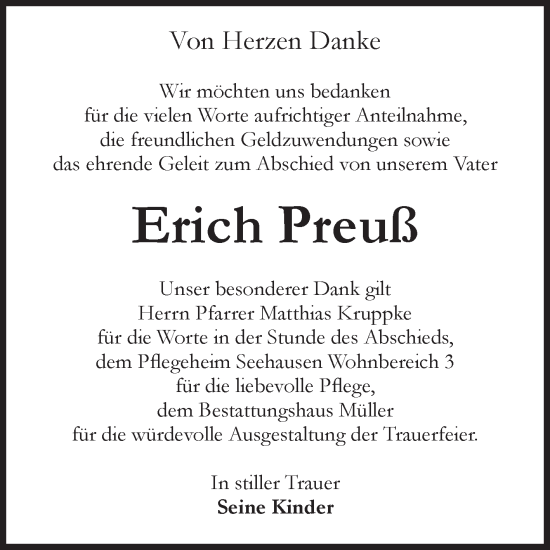 Traueranzeige von Erich Preuß von Volksstimme Altmark Ost
