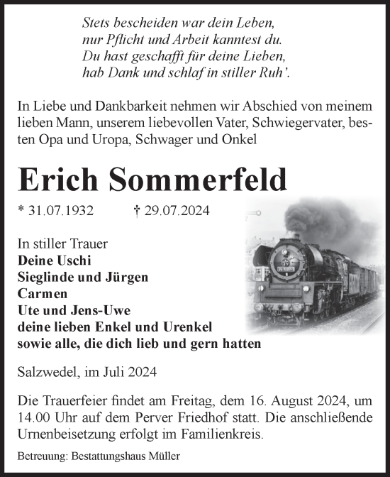 Traueranzeige von Erich Sommerfeld von Volksstimme Altmark West