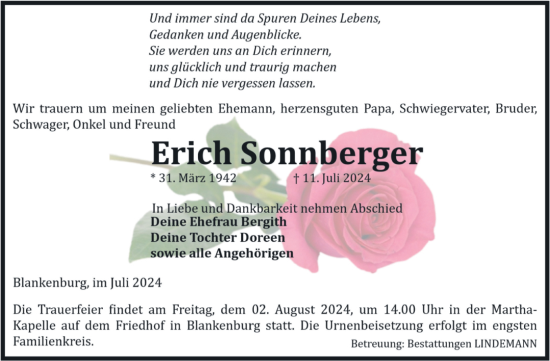 Traueranzeige von Erich Sonnberger von Volksstimme Wernigerode