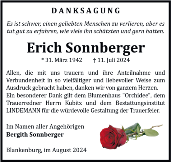 Traueranzeige von Erich Sonnberger von Volksstimme Wernigerode