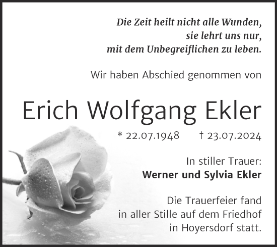 Traueranzeige von Erich Wolfgang Ekler von Trauerkombi Bitterfeld