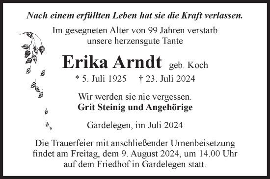 Traueranzeige von Erika Arndt von Volksstimme Altmark West
