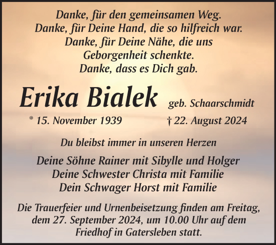 Traueranzeige von Erika Bialek von Trauerkombi Aschersleben