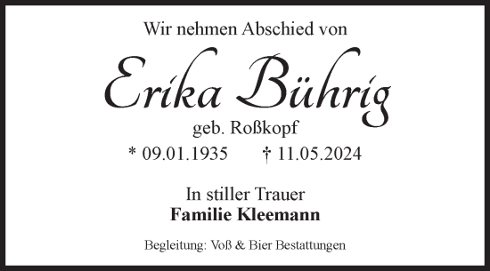 Traueranzeige von Erika Bührig von Volksstimme Wernigerode