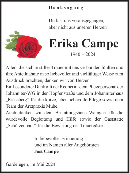Traueranzeige von Erika Campe von Volksstimme Altmark West