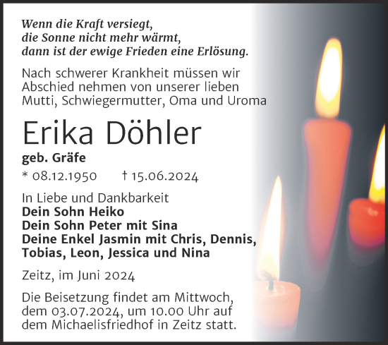 Traueranzeige von Erika Döhler von Trauerkombi Zeitz