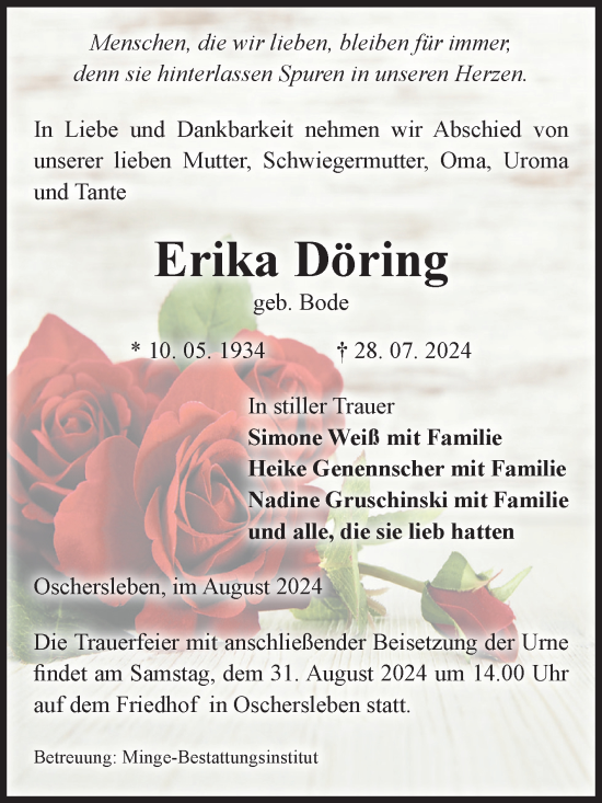 Traueranzeige von Erika Döring von Volksstimme Oschersleben/Wanzleben
