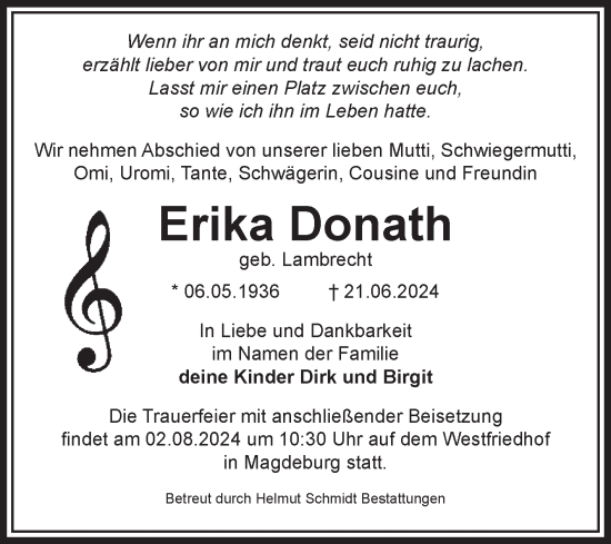 Traueranzeige von Erika Donath von Volksstimme Magdeburg