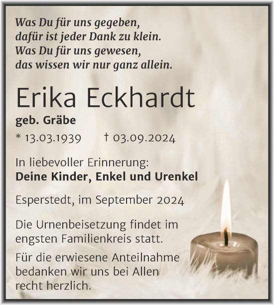 Traueranzeige von Erika Eckhardt von Trauerkombi Merseburg