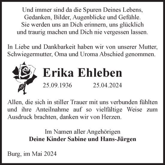Traueranzeige von Erika Ehleben von Volksstimme Burg/Genthin