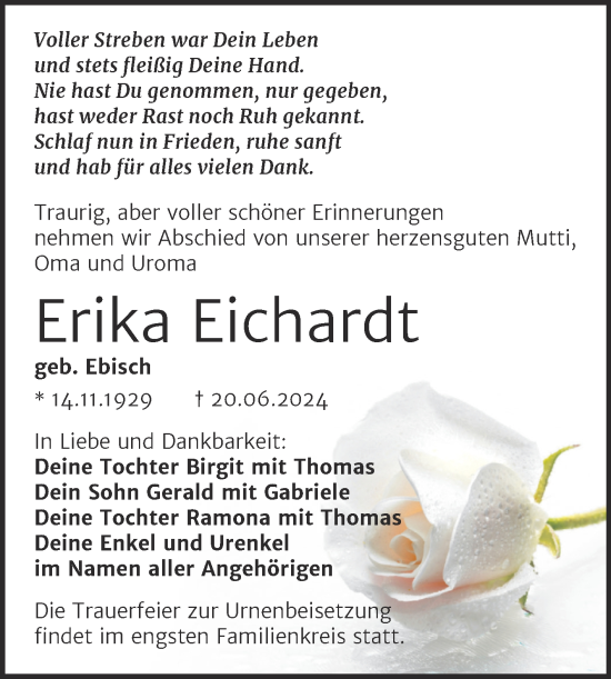 Traueranzeige von Erika Eichardt von Trauerkombi Weißenfels