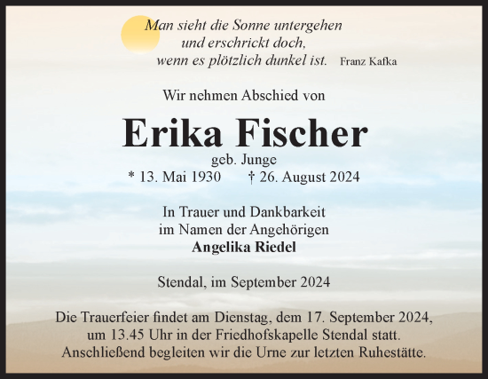 Traueranzeige von Erika Fischer von Volksstimme Altmark Ost