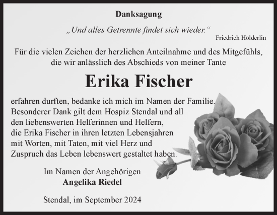 Traueranzeige von Erika Fischer von Volksstimme Altmark Ost