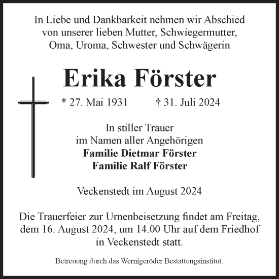 Traueranzeige von Erika Förster von Volksstimme Wernigerode