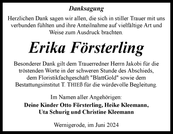 Traueranzeige von Erika Försterling von Volksstimme Wernigerode