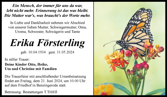 Traueranzeige von Erika Försterling von Volksstimme Wernigerode