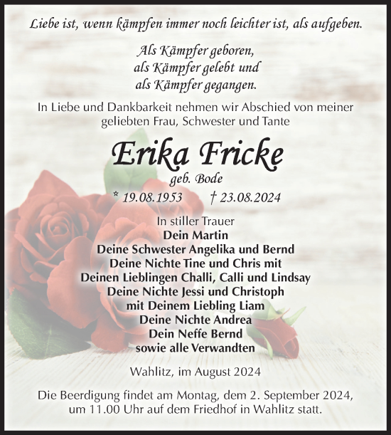 Traueranzeige von Erika Fricke von Volksstimme Burg/Genthin