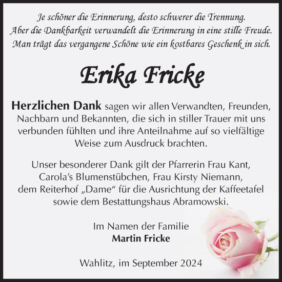 Traueranzeige von Erika Fricke von Volksstimme Burg/Genthin