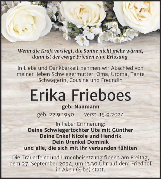 Traueranzeige von Erika Frieboes von Trauerkombi Köthen
