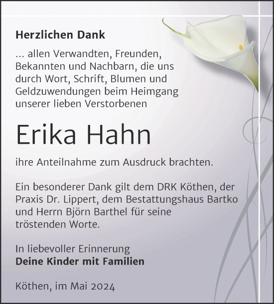 Traueranzeige von Erika Hahn von Trauerkombi Köthen