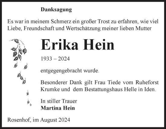 Traueranzeige von Erika Hein von Volksstimme Altmark Ost