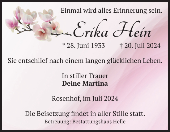 Traueranzeige von Erika Hein von Volksstimme Altmark Ost