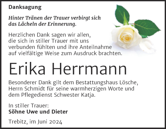 Traueranzeige von Erika Herrmann von Trauerkombi Wittenberg