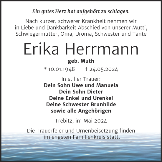 Traueranzeige von Erika Herrmann von Trauerkombi Wittenberg