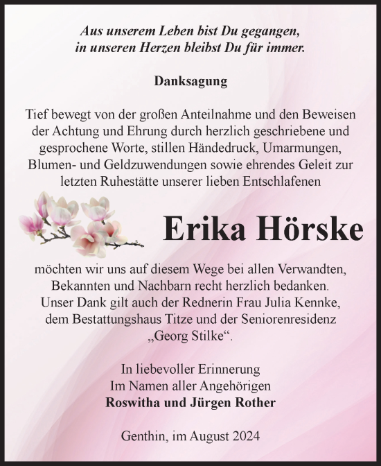 Traueranzeige von Erika Hörske von Volksstimme Burg/Genthin