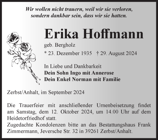 Traueranzeige von Erika Hoffmann von Volksstimme Zerbst