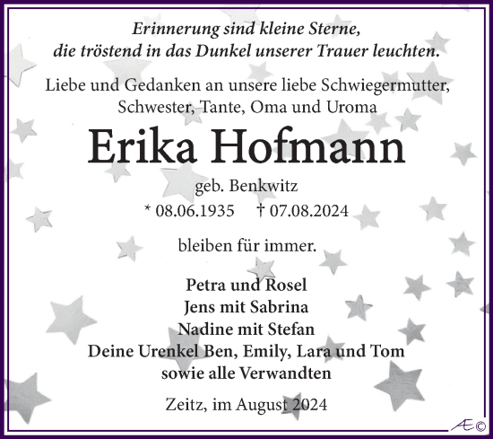 Traueranzeige von Erika Hofmann von Trauerkombi Zeitz