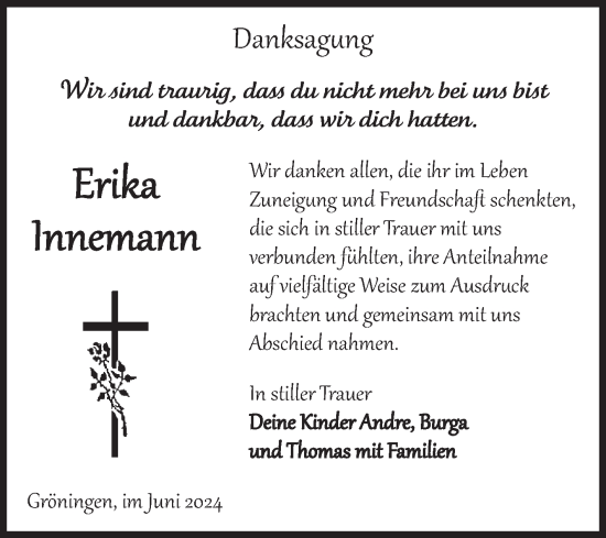 Traueranzeige von Erika Innemann von Volksstimme Oschersleben/Wanzleben