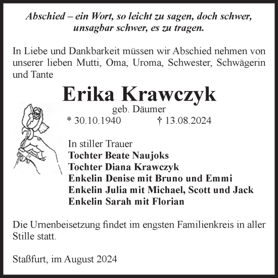 Traueranzeige von Erika Krawczyk von Volksstimme Staßfurt