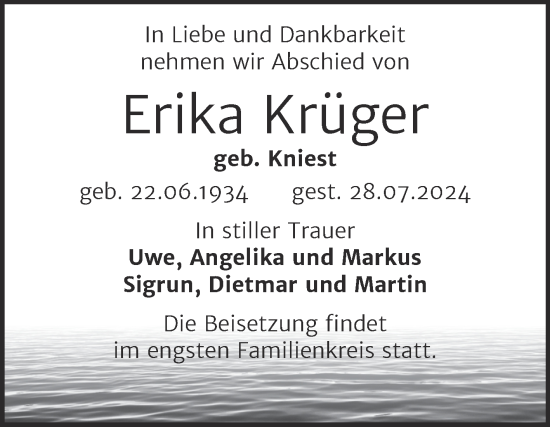 Traueranzeige von Erika Krüger von Trauerkombi Bitterfeld