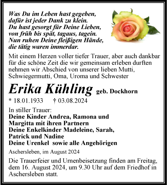 Traueranzeige von Erika Kühling von Trauerkombi Aschersleben