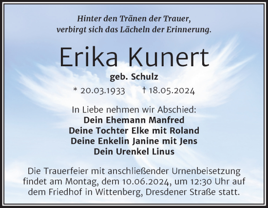 Traueranzeige von Erika Kunert von Trauerkombi Wittenberg