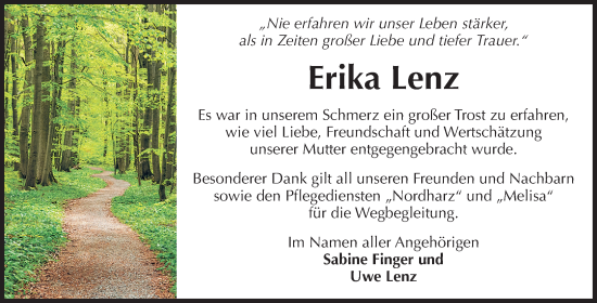 Traueranzeige von Erika Lenz von Volksstimme Wernigerode